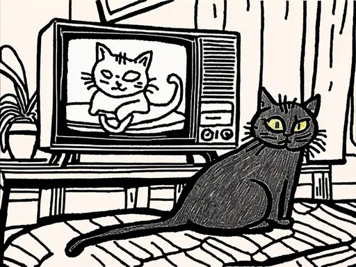 Prompt: <mymodel> a cat shows a cat on the living room television drawing of a contented cat enjoying, inked, detailed fur with subtle highlights, tranquil ambiance, high quality, charcoal drawing, realistic, detailed, contented cat, a cat shows a cat on the living room television, tranquil ambiance