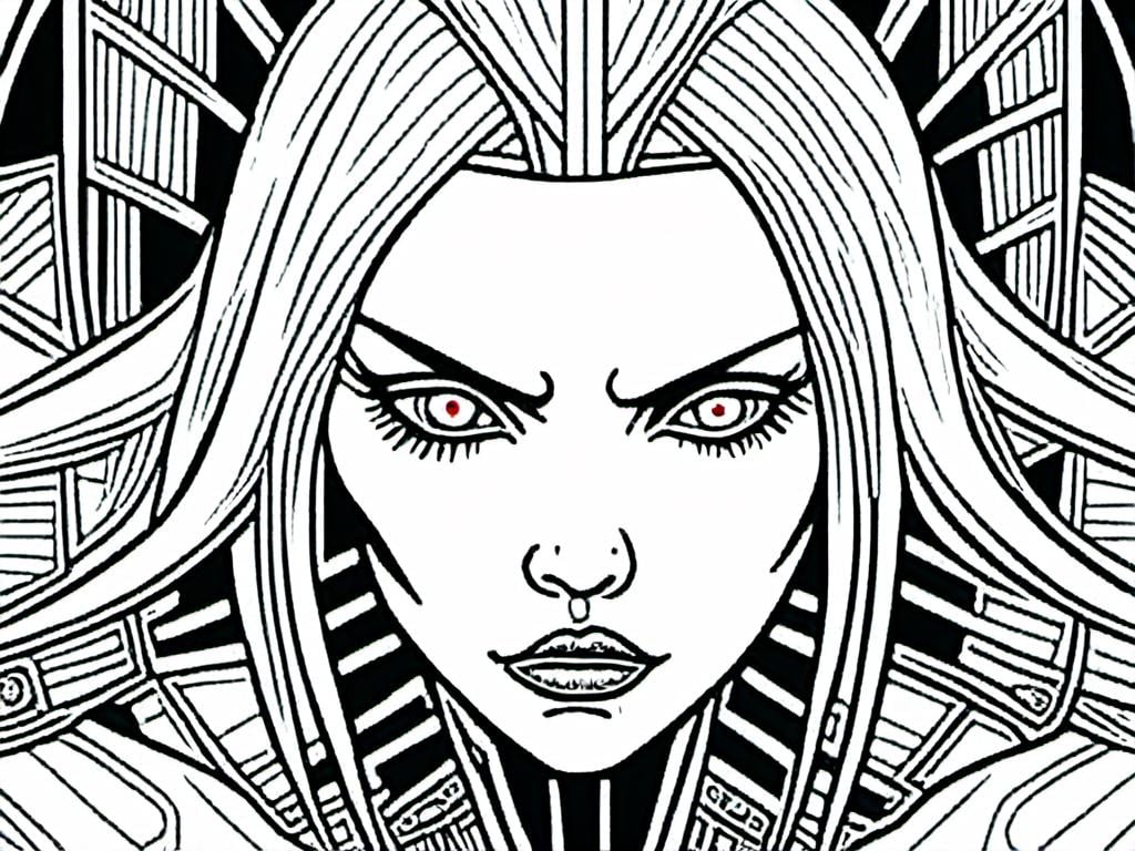 Prompt: <mymodel>detailed inked panels, special edition storytelling, high-quality, professional, real, intense actionteenage female cenobite with face covered in symmetrical metal blades and machines. insane laughter, dead, dead white eyes, Goddess of love and pain, divine madness, detailed facial expression, suspended in air by chains coming out of her body, ultra fine details, masterpiece