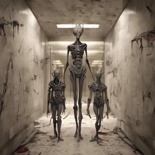 Prompt: <mymodel>a creepy looking creature with a large head and two smaller heads on his body in a hallway with a wall, shock art, hyper real, a 3D render