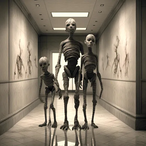 Prompt: <mymodel>a creepy looking creature with a large head and two smaller heads on his body in a hallway with a wall, shock art, hyper real, a 3D render