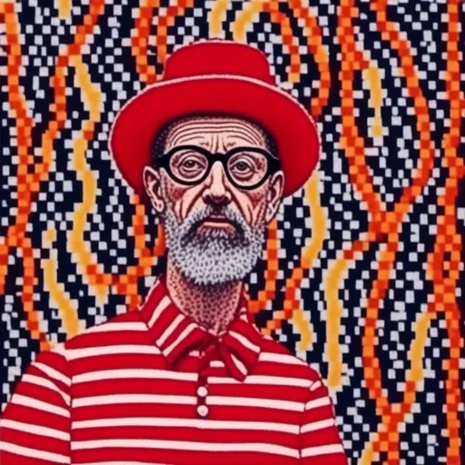 Prompt: <mymodel><mymodel>a man with a beard and glasses wearing a hat and a red and white shirt and a red and white striped shirt, Eddie Campbell, maximalism, maximalist, a flemish Baroque