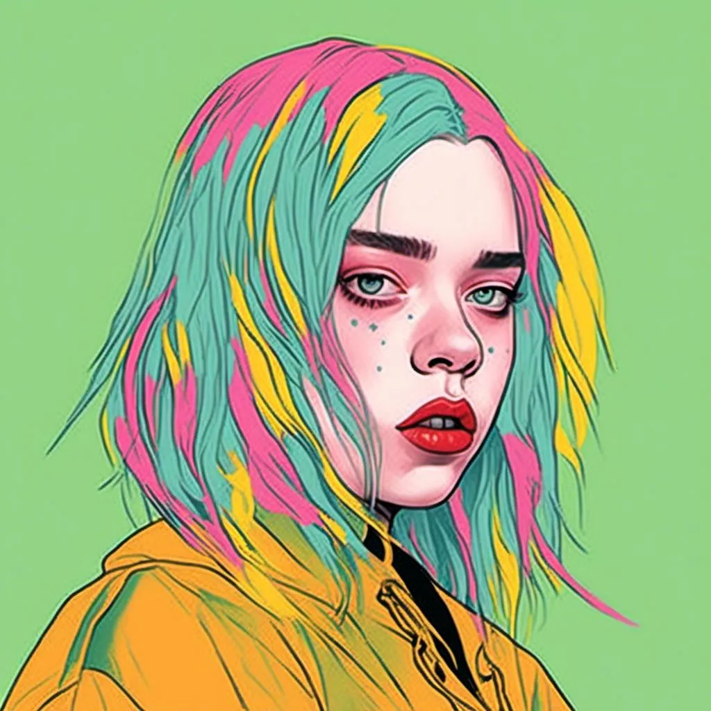 Prompt: Colorful digital illustration <mymodel>Billie Eilish - bad guy 