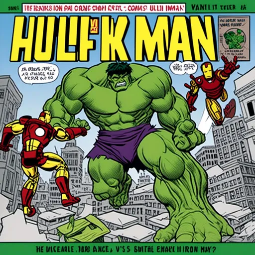 Prompt: <mymodel> 3 panel comic strip Hulk vs iron man cover 75