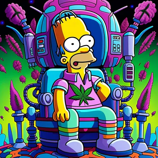 Prompt: Anime by Matt Groening, illustration of Simpson caractère with cannabis outfit  by Matt Groening; futuristic sci-fi setting, detailed characters, colorful and vibrant, highres, anime by Matt Groening, sci-fi, futuristic, detailed characters, vibrant colors, professional  Matt Groening, dynamic lighting<mymodel>