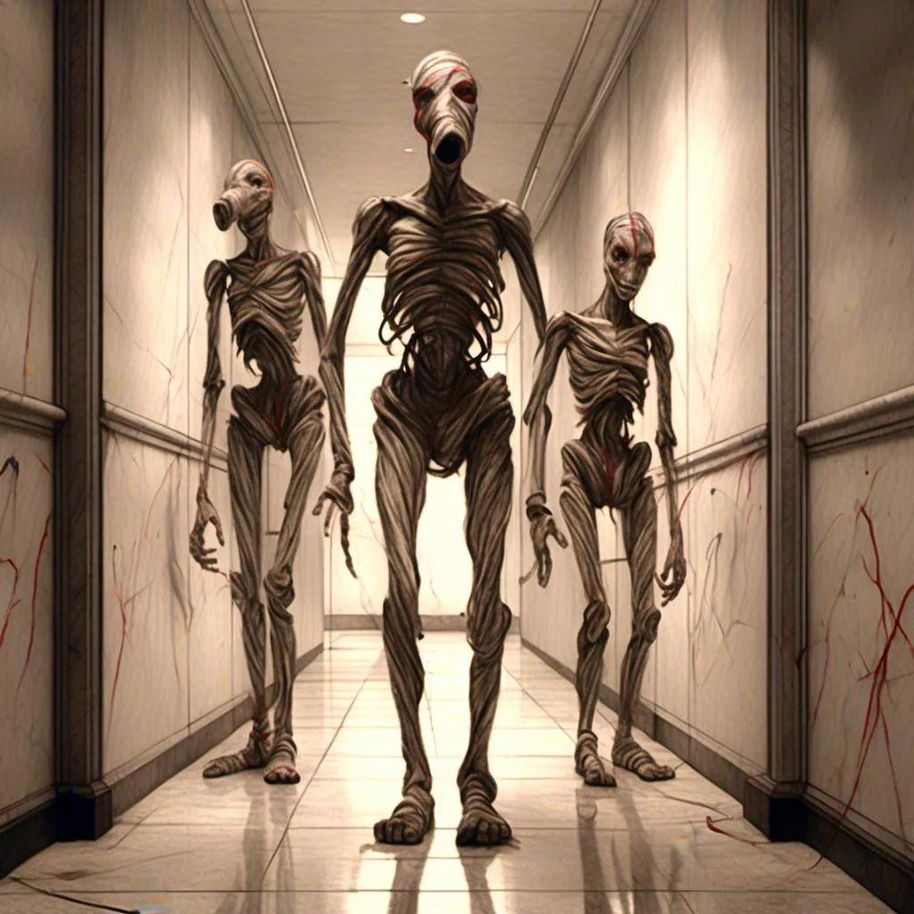 Prompt: <mymodel>a creepy looking creature with a large head and two smaller heads on his body in a hallway with a wall, shock art, hyper real, a 3D render