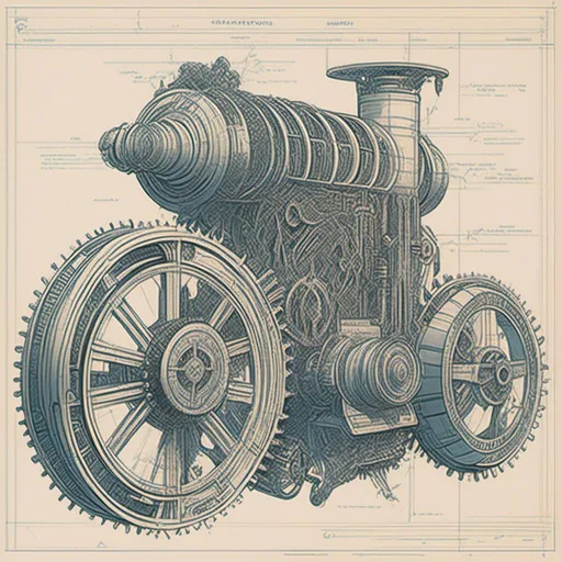 Prompt: a blueprint drawing of a machine with gears and wheels on it's side, with a large amount of details, Beeple, retrofuturism, mecha, a detailed drawing<mymodel>