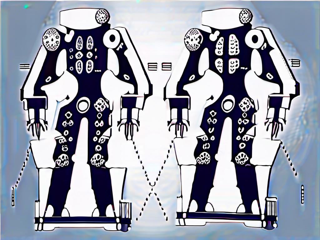 Prompt: Des plans techniques pour cette machine de combat : 1. Le corps est compose de plaques rivetees pour offrir une protection maximale. 2. La tete est disproportionnee par rapport au corps pour offrir une plus grande capacite de vue et de perception. 3. Les yeux globuleux et injectes de sang sont une reference aux yeux de la Mythologie Grecque. 4. La bouche est grande et garnie de dents acerees pour offrir une plus grande destructiveit. 5. Les griffes puissantes ou les armes integrees sont une reference aux machines de guerre des temps anciens.<mymodel>