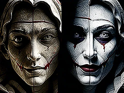 Prompt: <mymodel> split face half screen Jesus other half joker, contrast of light and dark, good and evil, kind and cruel, ultra realistic, detailed facial features, intense expression, high contrast, realistic, dark and light tones, dramatic lighting, split personality