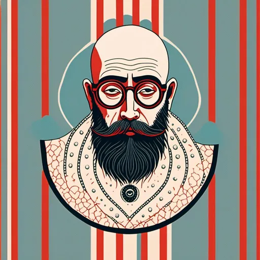 Prompt: <mymodel><mymodel>Bearded man drawn like a logo, whit mustache,no hair, bald head, White cotton t-shirt with horizontal red stripes very regular and 1cm large, round glasses, high quality, detailed design, minimalistic, professional lighting, cool tones, minimalist style, highres, detailed facial hair, mature, sophisticated, cool tones, minimalistic, focused lighting<mymodel>