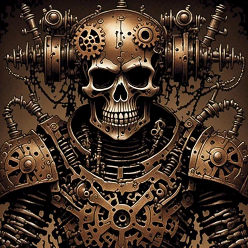 Prompt: <mymodel>Steampunk illustration of a combat machine, riveted armor plates, intricate mechanical details, industrial steampunk style, brass and copper tones, warm lighting, detailed gears and cogs, best quality, highres, ultra-detailed, steampunk, mechanical, industrial, brass tones, copper tones, riveted armor, warm lighting, combat machine, intricate design, professional