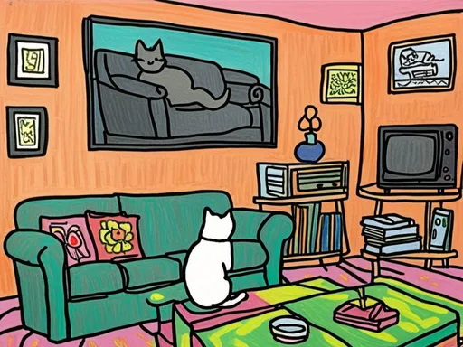 Prompt: <mymodel> a cat shows a cat on the living room television drawing of a contented cat enjoying, inked, detailed fur with subtle highlights, tranquil ambiance, high quality, charcoal drawing, realistic, detailed, contented cat, a cat shows a cat on the living room television, tranquil ambiance