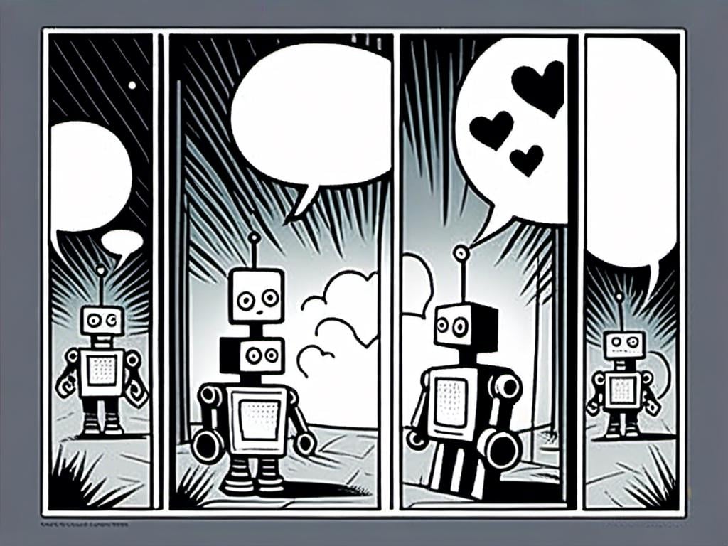 Prompt: <mymodel>love robot stortelling of  panels of comic for manga, with speech bubbles. white and empty Speech bubbles, double page, surreal atmosphere, symbolic representation, high contrast, deep shadows, monochromatic, digital rendering, high quality, minimalist, conceptual art, graffiti style, abstract, surreal, symbolic, atmospheric lighting, comic édition. full strory comic love robot, white and empty Speech bubbles, stortelling 