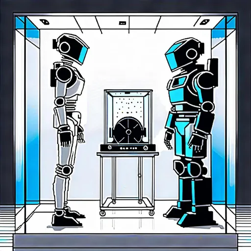 Prompt: <mymodel><mymodel>a robot standing next to a machine in a glass case with a man inside of it, Artgerm, panfuturism, ex machina, concept art robot stortelling of  panels of comic for manga, with speech bubbles. white and empty Speech bubbles, double page, surreal atmosphere, symbolic representation, high contrast, deep shadows, monochromatic, digital rendering, high quality, minimalist, conceptual art, graffiti style, abstract, surreal, symbolic, atmospheric lighting, comic édition. full strory comic love robot, white and empty Speech bubbles, stortelling  a robot standing next to a machine in a glass case with a man inside of it, Artgerm, panfuturism, ex machina, concept art