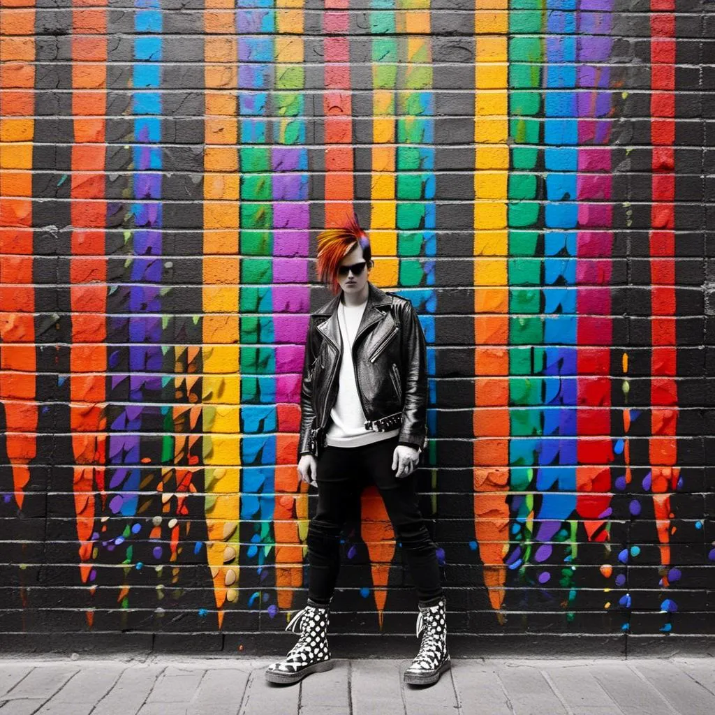 Prompt: 
Pointillism (ultra-detailed dots)
BLACK AND WHITE colors (MUTED)
SHADOWS High-resolution
Professional light
youngS punks, clad in ripped IMPRIMED leather jackets, IMPRIMED  tartan JEANS, and IMPRIMED  Doc Martens boots, stand with a rebellious air in front of a painted brick wall. The wall explodes with a riot of rainbow colors, adorned with graffiti that declares messages of defiance and social change. Imagine the scene rendered in the detailed, pointillism style. creating a scene that pulsates with electrifying energy. Each individual punk's expression is captured with precise detail, their gazes focused and intense, reflecting the rebellious spirit of both London and Amsterdam's punk scene 1975. The lighting is professional, highlighting the unique details of their clothing and the weathered texture of the brick wall.

<mymodel>