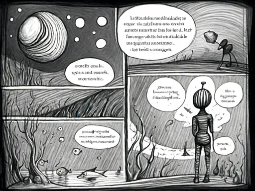 Prompt: <mymodel><mymodel>stroyboard, storytelling, script comic book, Creez un dessin a la main surrealiste en noir et blanc d'un poisson squelettique en train de nager dans un paysage onirique. Le poisson doit avoir des bulles de dialogue contenant des mots et des lettres etranges. Le fond doit etre abstrait et enigmatique. Couleurs : Noir et blanc. Style : Onirisme et abstrait. Dessin : A la main. Bulles de dialogue : Contenant des mots et des lettres etranges.