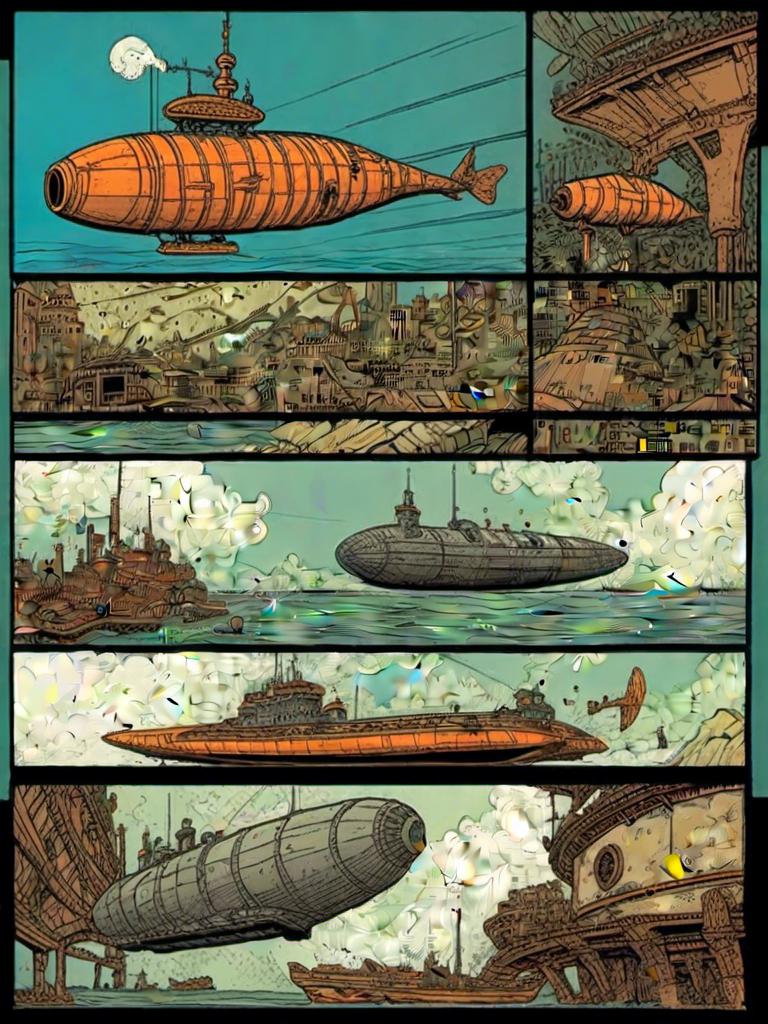 Prompt: <mymodel>steampunk comic featuring the Nemo submarine, detailed inked panels, special edition storytelling, high-quality, professional, sci-fi, futuristic, intense action, vivid colors, dynamic composition, atmospheric lighting, detailed, panels, professional inking