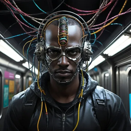 Prompt: Man with mask and wires, subway station, Android Jones, afrofuturism, cyberpunk, highres, detailed, futuristic, cybernetic wires, black background, intense lighting, urban, cybernetic mask, wired head, afrofuturism style, subway platform, professional art quality, cyberpunk art, intense gaze, vibrant colors