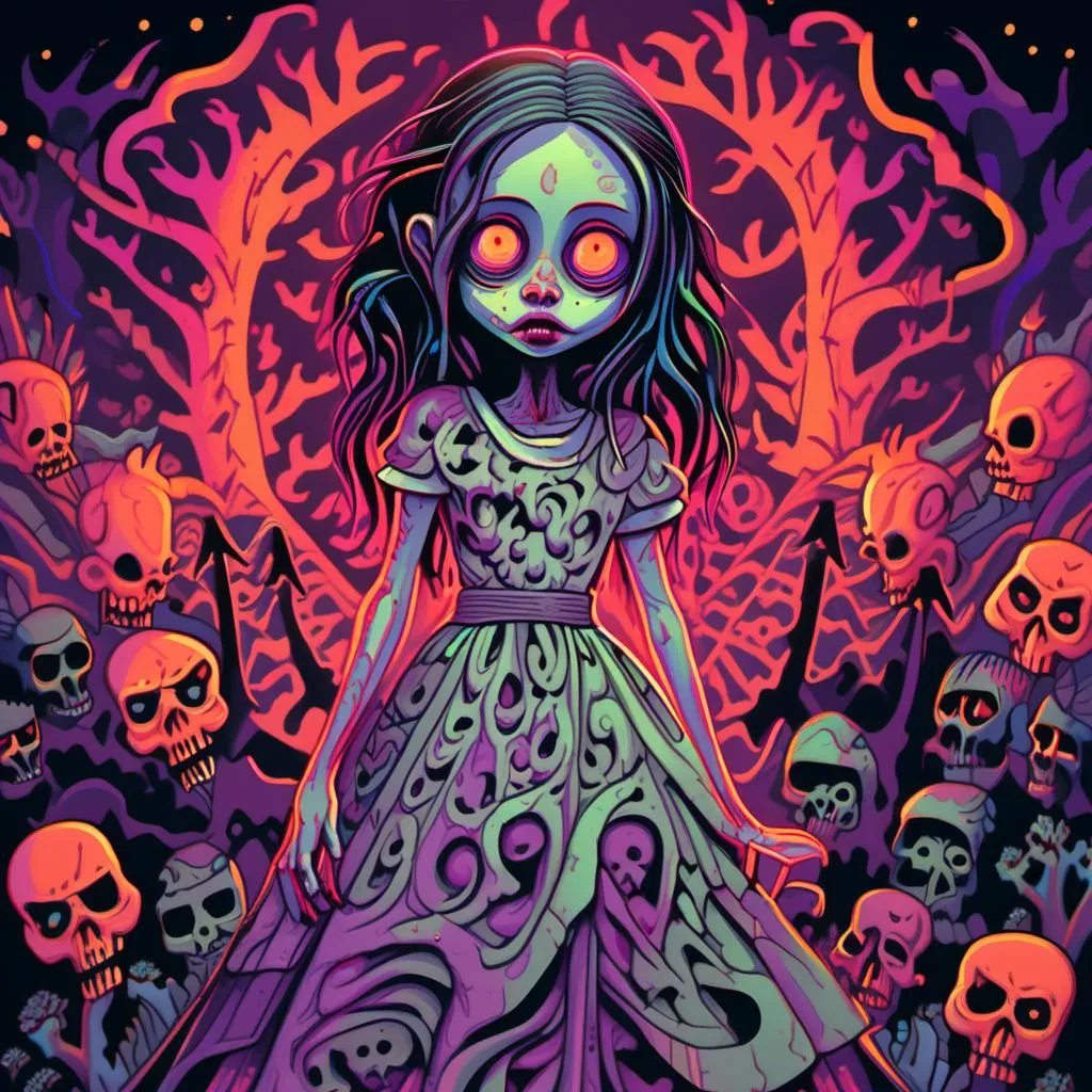 Prompt: full body shot, Little chaotic evil insane living dead girl with rotting pale flesh in a beautiful out of place dress, eerie atmospheric lighting, psychedelic  color tones, horror, detailed facial features, highres, ultra-detailed, Lovecraftian, eerie, sinister, haunting lighting, divine madness, holy killer, little Goddess of death. longing, madness, nothing love, holy death girl, smiling from ear to ear, glowing white eyes with ethereal trails, extreme emotion, If you are reading this I love you so much.<mymodel>