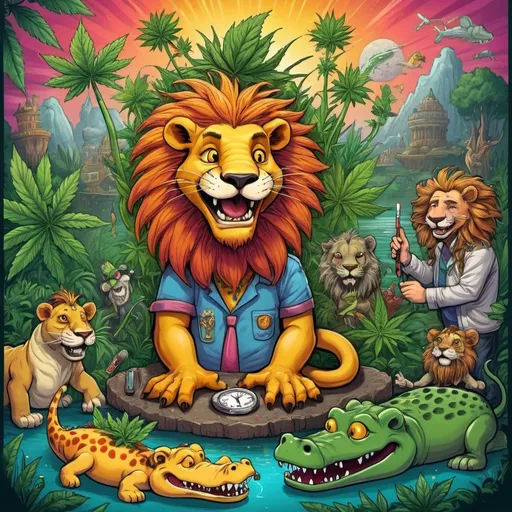 Prompt: prompt de base : Cartoon illustration " un lion féroce grande crinières et qui montre les crocs" with basmoking big joint with friends and big cannabis, vibrant and colorful, whimsical fantasy setting, intricate details, high quality, misc-manga, fantasy, vibrant colors, intricate design, magical atmosphere.
