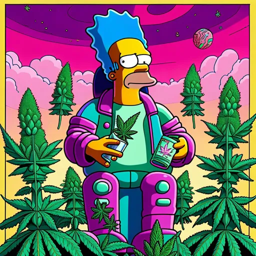Prompt: Anime by Matt Groening, illustration of Simpson caractère with cannabis outfit  by Matt Groening; futuristic sci-fi setting, detailed characters, colorful and vibrant, highres, anime by Matt Groening, sci-fi, futuristic, detailed characters, vibrant colors, professional  Matt Groening, dynamic lighting<mymodel>