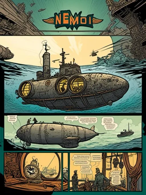 Prompt: <mymodel>steampunk comic featuring the Nemo submarine, detailed inked panels, special edition storytelling, high-quality, professional, sci-fi, futuristic, intense action, vivid colors, dynamic composition, atmospheric lighting, detailed, panels, professional inking