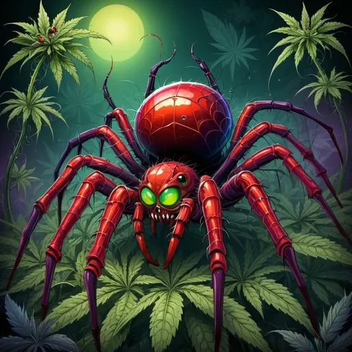 Prompt: prompt de base : Cartoon illustration " big gothique spider with 8 red eyes  " with basmoking big joint with friends and big cannabis, vibrant and colorful, whimsical fantasy setting, intricate details, high quality, misc-manga, fantasy, vibrant colors, intricate design, magical atmosphere.
