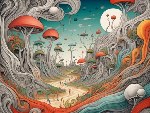 Prompt: <mymodel>Surrealist illustration of a dreamlike landscape, vibrant and otherworldly, swirling patterns and abstract shapes, fantastical creatures and plants, intricate and detailed, best quality, highres, ultra-detailed, surrealism, dreamlike, vibrant colors, abstract shapes, fantastical creatures, intricate details, surreal lighting