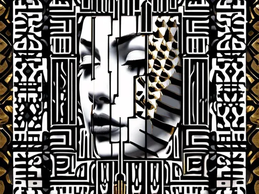 Prompt: Op art, collage, goldblocks, brutalism, arabic calligraphy graffiti black and white portrait by christian hilfgott brand, behance contest winner, pop surrealism, behance hd, dc comics, reimagined by industrial light and magic gold and epic<mymodel>