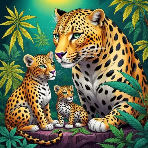 Prompt: prompt de base : Cartoon illustration "a leopard and its cub " with basmoking big joint with friends and big cannabis, vibrant and colorful, whimsical fantasy setting, intricate details, high quality, misc-manga, fantasy, vibrant colors, intricate design, magical atmosphere.
