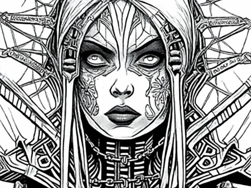 Prompt: <mymodel>detailed inked panels, special edition storytelling, high-quality, professional, real, intense actionteenage female cenobite with face covered in symmetrical metal blades and machines. insane laughter, dead, dead white eyes, Goddess of love and pain, divine madness, detailed facial expression, suspended in air by chains coming out of her body, ultra fine details, masterpiece