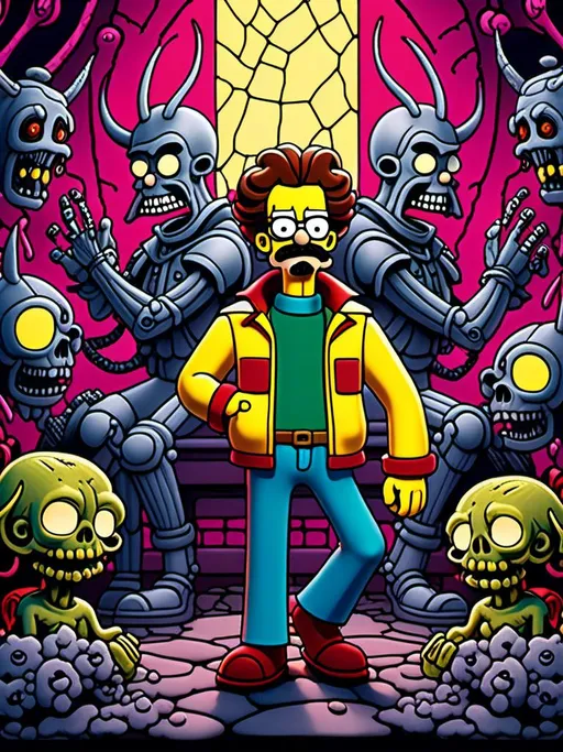 Prompt: Anime by Matt Groening, illustration of Ned Flanders are devil  by Matt Groening; futuristic sci-fi setting, detailed characters, colorful and vibrant, highres, anime by Matt Groening, sci-fi, futuristic, detailed characters, vibrant colors, professional  Matt Groening, dynamic lighting<mymodel>