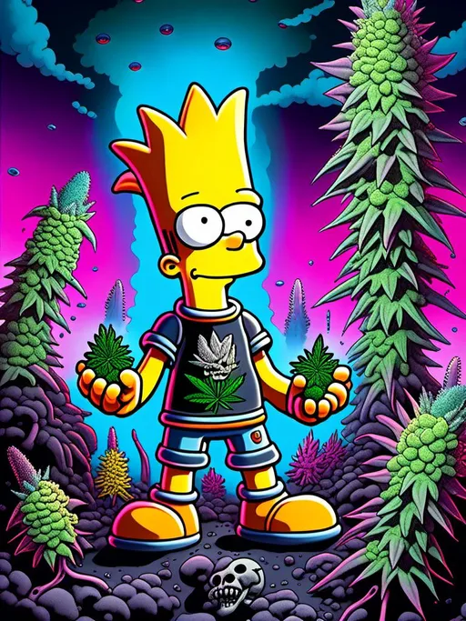 Prompt: Anime by Matt Groening, illustration of Bart Simpson with cannabis outfit  by Matt Groening; futuristic sci-fi setting, detailed characters, colorful and vibrant, highres, anime by Matt Groening, sci-fi, futuristic, detailed characters, vibrant colors, professional  Matt Groening, dynamic lighting<mymodel>