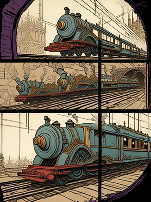 Prompt: <mymodel>actuel steampunk train stortelling of  panels of comic for comic actuel ; "style enki bilal : Le modele utilise un style isometrique et des couleurs vives pour creer une impression de metamorphose. Les batiments sont presents sous une perspective unique, avec des reflets violets, bleus et rouges qui donnent une impression de dynamique et de movement. Les details sont precis et detaille, avec une attention particuliere aux details architecturaux et aux textures des vetements. Le modele est avant-gardiste et innovant, evoquant l'idee de transformation et de metamorphose.
 actuel strempunk train stortelling of  panels of comic for comic actuel