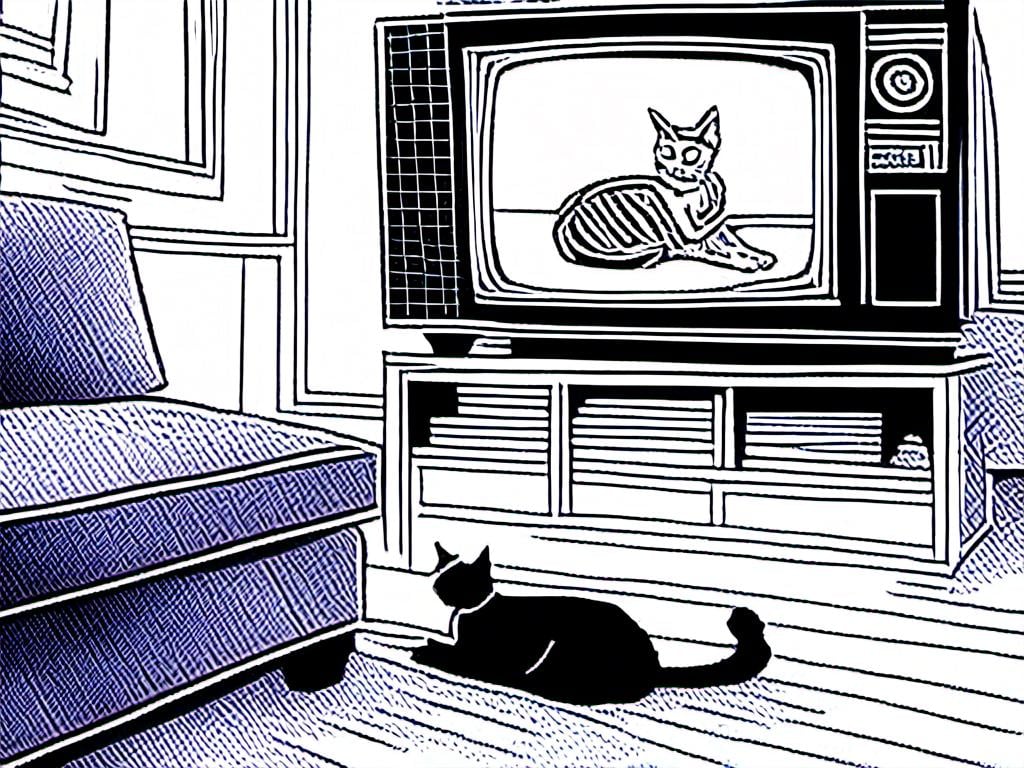 Prompt: <mymodel> a cat shows a cat on the living room television drawing of a contented cat enjoying, inked, detailed fur with subtle highlights, tranquil ambiance, high quality, charcoal drawing, realistic, detailed, contented cat, a cat shows a cat on the living room television, tranquil ambiance