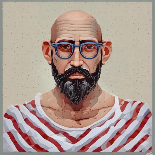 Prompt: <mymodel><mymodel>Bearded man drawn like a logo, whit mustache,no hair, bald head, White cotton t-shirt with horizontal red stripes very regular and 1cm large, round glasses, high quality, detailed design, minimalistic, professional lighting, cool tones, minimalist style, highres, detailed facial hair, mature, sophisticated, cool tones, minimalistic, focused lighting<mymodel>