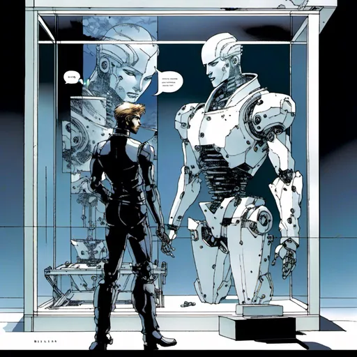 Prompt: <mymodel><mymodel>a robot standing next to a machine in a glass case with a man inside of it, Artgerm, panfuturism, ex machina, concept art robot stortelling of  panels of comic for manga, with speech bubbles. white and empty Speech bubbles, double page, surreal atmosphere, symbolic representation, high contrast, deep shadows, monochromatic, digital rendering, high quality, minimalist, conceptual art, graffiti style, abstract, surreal, symbolic, atmospheric lighting, comic édition. full strory comic love robot, white and empty Speech bubbles, stortelling  a robot standing next to a machine in a glass case with a man inside of it, Artgerm, panfuturism, ex machina, concept art