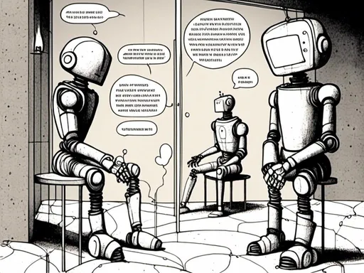 Prompt: <mymodel>love robot stortelling of  panels of comic for manga, with speech bubbles. white and empty Speech bubbles, double page, surreal atmosphere, symbolic representation, high contrast, deep shadows, monochromatic, digital rendering, high quality, minimalist, conceptual art, graffiti style, abstract, surreal, symbolic, atmospheric lighting, comic édition. full strory comic love robot, white and empty Speech bubbles, stortelling 