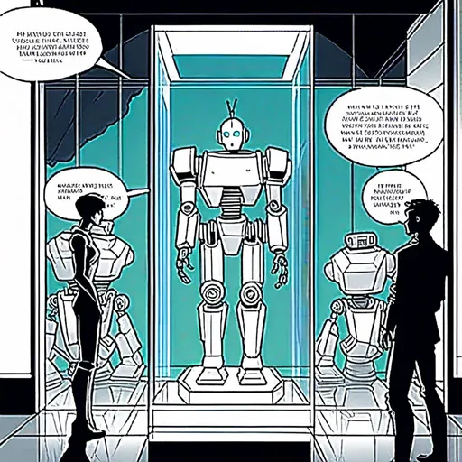 Prompt: <mymodel>a robot standing next to a machine in a glass case with a man inside of it, Artgerm, panfuturism, ex machina, concept art robot stortelling of  panels of comic for manga, with speech bubbles. white and empty Speech bubbles, double page, surreal atmosphere, symbolic representation, high contrast, deep shadows, monochromatic, digital rendering, high quality, minimalist, conceptual art, graffiti style, abstract, surreal, symbolic, atmospheric lighting, comic édition. full strory comic love robot, white and empty Speech bubbles, stortelling  a robot standing next to a machine in a glass case with a man inside of it, Artgerm, panfuturism, ex machina, concept art