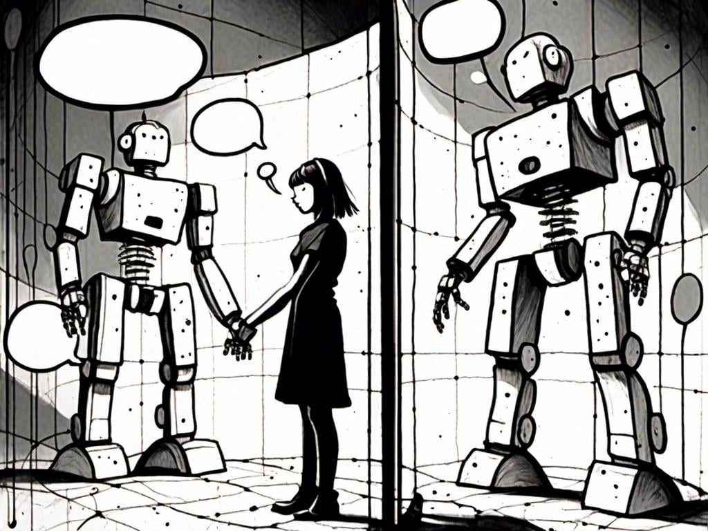 Prompt: <mymodel>love robot stortelling of  panels of comic for manga, with speech bubbles. white and empty Speech bubbles, double page, surreal atmosphere, symbolic representation, high contrast, deep shadows, monochromatic, digital rendering, high quality, minimalist, conceptual art, graffiti style, abstract, surreal, symbolic, atmospheric lighting, comic édition. full strory comic love robot, white and empty Speech bubbles, stortelling 