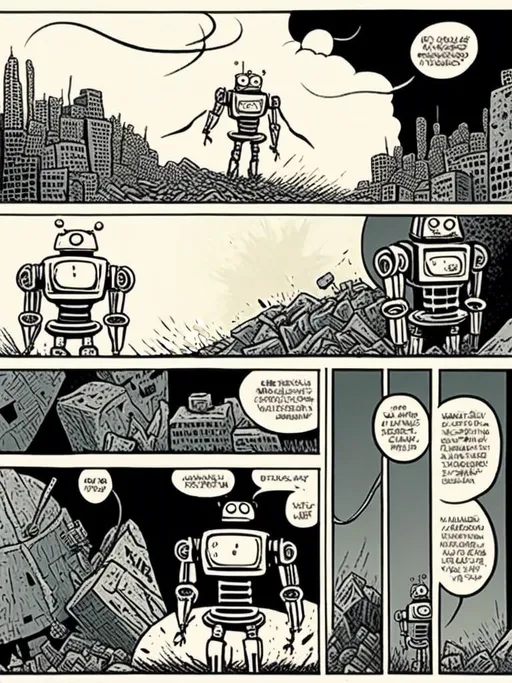 Prompt: <mymodel>love robot stortelling of  panels of comic for manga, double page, surreal atmosphere, symbolic representation, high contrast, deep shadows, monochromatic, digital rendering, high quality, minimalist, conceptual art, graffiti style, abstract, surreal, symbolic, atmospheric lighting, comic édition. full strory comic love robot stortelling 