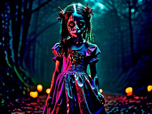 Prompt: full body shot, Little chaotic evil insane living dead girl with rotting pale flesh in a beautiful out of place dress, eerie atmospheric lighting, psychedelic  color tones, horror, detailed facial features, highres, ultra-detailed, Lovecraftian, eerie, sinister, haunting lighting, divine madness, holy killer, little Goddess of death. longing, madness, nothing love, holy death girl, smiling from ear to ear, glowing white eyes with ethereal trails, extreme emotion, If you are reading this I love you so much.<mymodel>