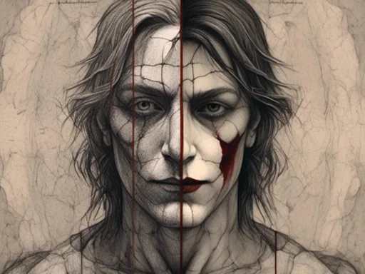 Prompt: <mymodel> split face half screen Jesus other half joker, contrast of light and dark, good and evil, kind and cruel, ultra realistic, detailed facial features, intense expression, high contrast, realistic, dark and light tones, dramatic lighting, split personality