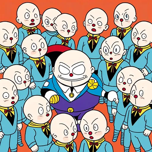 Prompt: <mymodel>6+boys, age difference, alien, android 18, asian, baby, bald, beard, black sclera, bodysuit, bowtie, buck teeth, buzz cut, cape, closed eyes, clown, colored skin, comparison, crossover, cyborg, daruma doll, doraemon \(character\), everyone, facial hair, fat, fat man, father and son, frisk \(undertale\), glowing, good end, green headwear, grin, hat, heart, hood, hooded cloak, hoodie, horror \(theme\), identity censor, japanese flag, kirby, mario, mohawk, monkey, multiple boys, multiple girls, multiple others, mustache, nose, old, old man, old woman, open mouth, parody, pig, pink skin, real life insert, realistic, red background, robe, saitama \(one-punch man\), salute, sans, skeleton, skull, smile, son goku, statue, ugly man, very short hair, web address, what, white skin, wrinkled skin, yellow skin<mymodel>