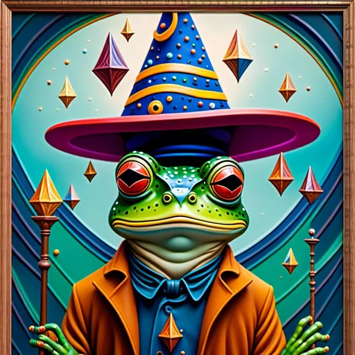 Prompt: Frog wearing a wizard hat, Picasso style, surrealism, vibrant colors, abstract shapes, whimsical composition, high quality, detailed, surrealism, Picasso style, vibrant colors, abstract shapes, whimsical composition, vibrant and bold, surreal lighting<mymodel>