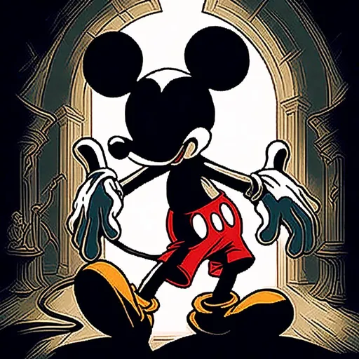 Prompt: <mymodel>Creepy, unsettling illustration of Mickey Mouse, dark and eerie ambiance, eerie details, high quality, detailed shadows, horror, sinister, disturbing, eerie lighting, surreal, unsettling atmosphere, dark tones, menacing, suspenseful, detailed, haunting, ominous