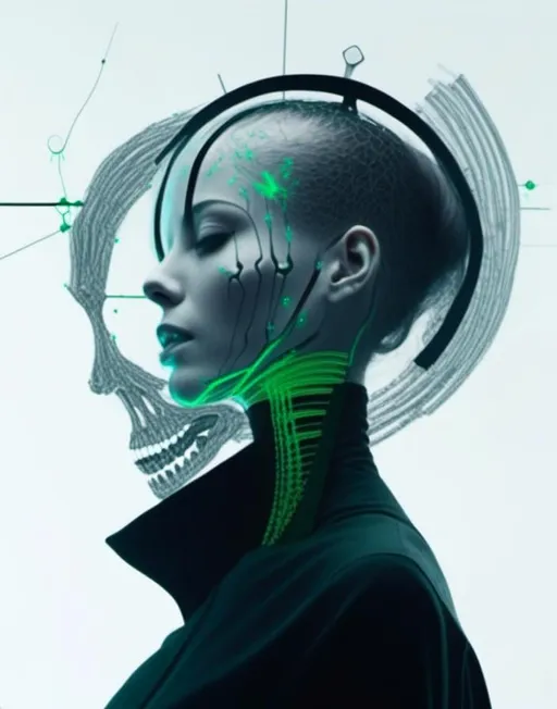 Prompt: <mymodel>a woman with a skeleton head and a black dress on her head and a white background with a green light, Beeple, computer art, cybernetic, cyberpunk art