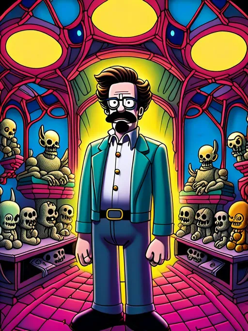 Prompt: Anime by Matt Groening, illustration of Ned Flanders are devil  by Matt Groening; futuristic sci-fi setting, detailed characters, colorful and vibrant, highres, anime by Matt Groening, sci-fi, futuristic, detailed characters, vibrant colors, professional  Matt Groening, dynamic lighting<mymodel>