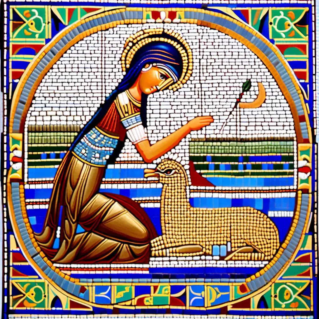 Prompt: mosaique; La mythologie babylonienne est une mythologie qui a ete inventee et developed en Babylone, un empire antique qui existait en Irak. mosaique; Elle contient des mythes, des histoires et des personnages importants qui ont joue un role important dans la culture babylonienne. mosaique; Les personnages les plus importants dans la mythologie babylonienne sont les dieux et les personnages heroiques. 
 mosaique; Les dieux et les personnages heroiques de la mythologie babylonienne sont souvent representes dans les sculptures et les dessins des periods antique et moyen. mosaique<mymodel>mosaique mosaique.<mymodel>