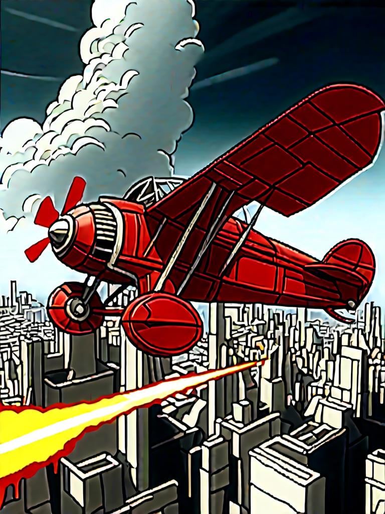 Prompt: <mymodel>High-res, detailed 3D rendering of biplan of red baron in the cloud futuristic sci-fi style, technical red ans fire and metallic tones, intense and dramatic lighting, industrial urban setting, heavy-duty mechanical design, powerful and menacing presence, fully armed with advanced weapons, intricate mechanical details, professional-quality, sci-fi, combat machine, metallic, technical blue tones, intense lighting, industrial urban setting, menacing presence, advanced weapons, mechanical details