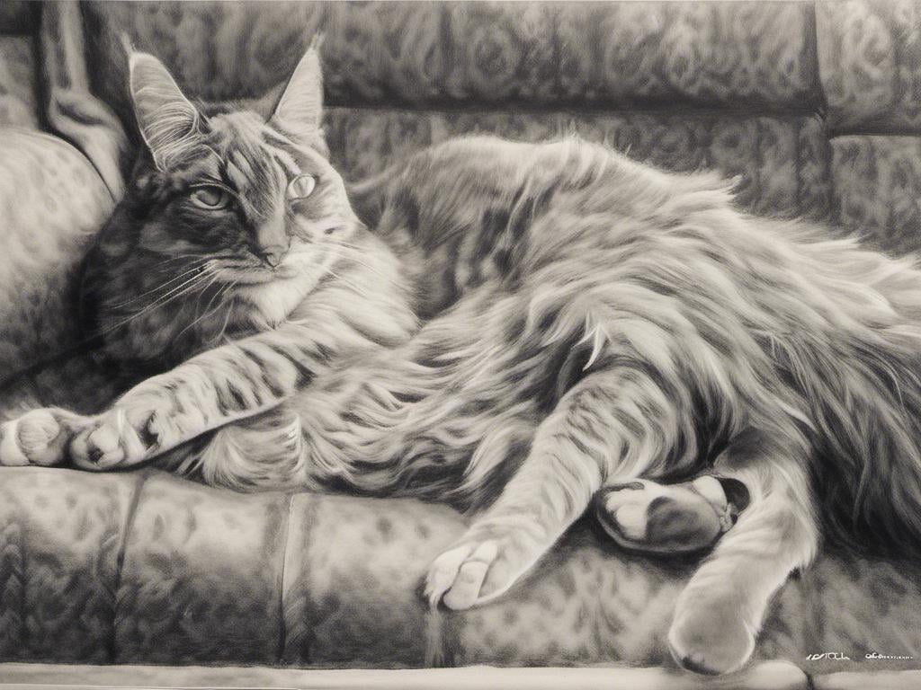 Prompt: <mymodel> a cat shows a cat on the living room television drawing of a contented cat enjoying, inked, detailed fur with subtle highlights, tranquil ambiance, high quality, charcoal drawing, realistic, detailed, contented cat, a cat shows a cat on the living room television, tranquil ambiance